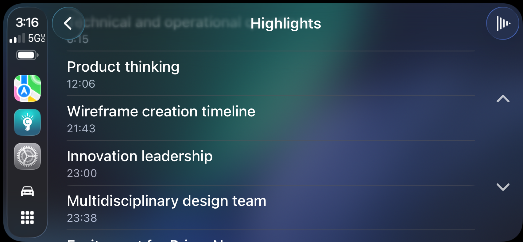 Highlight on the CarPlay display, showing a list of named highlights