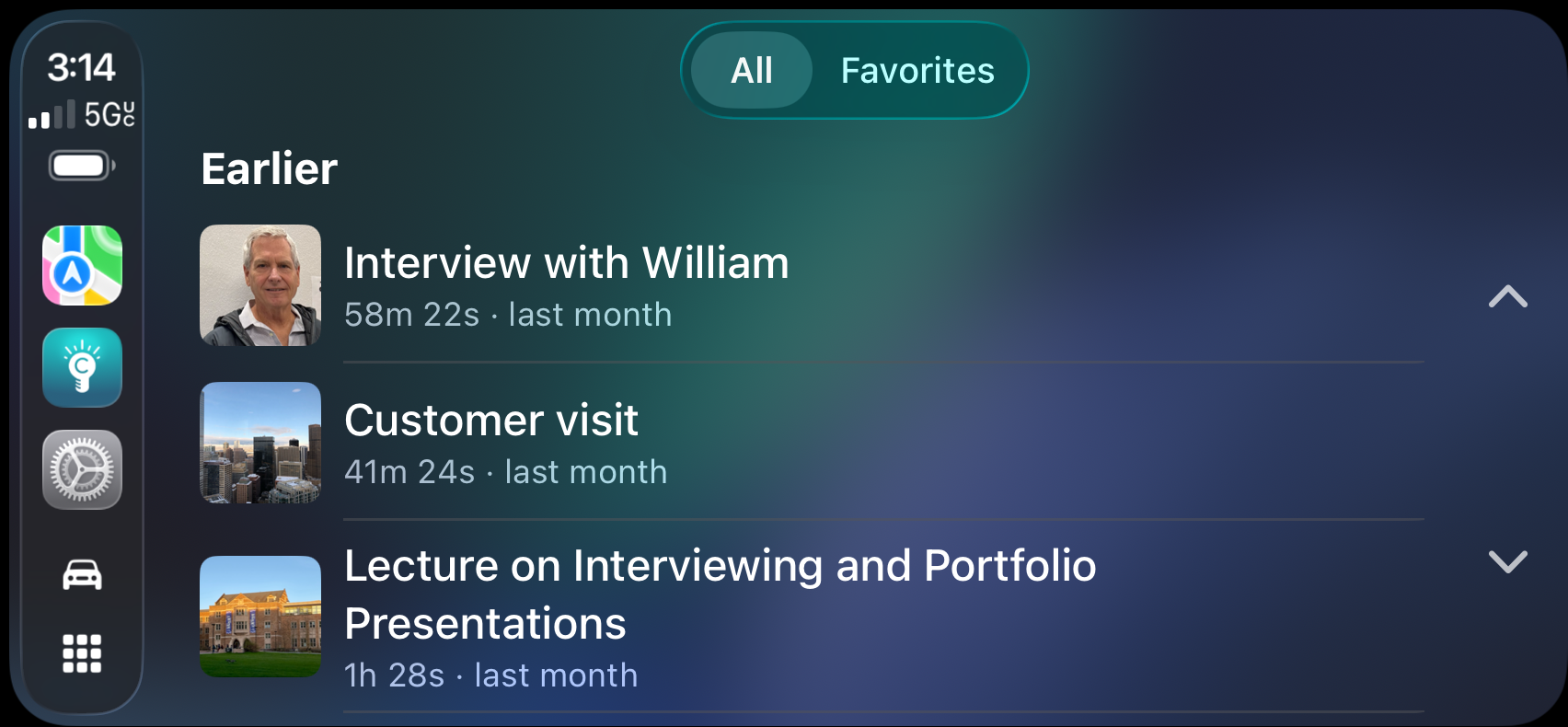 Highlight on the CarPlay display, showing the recording library