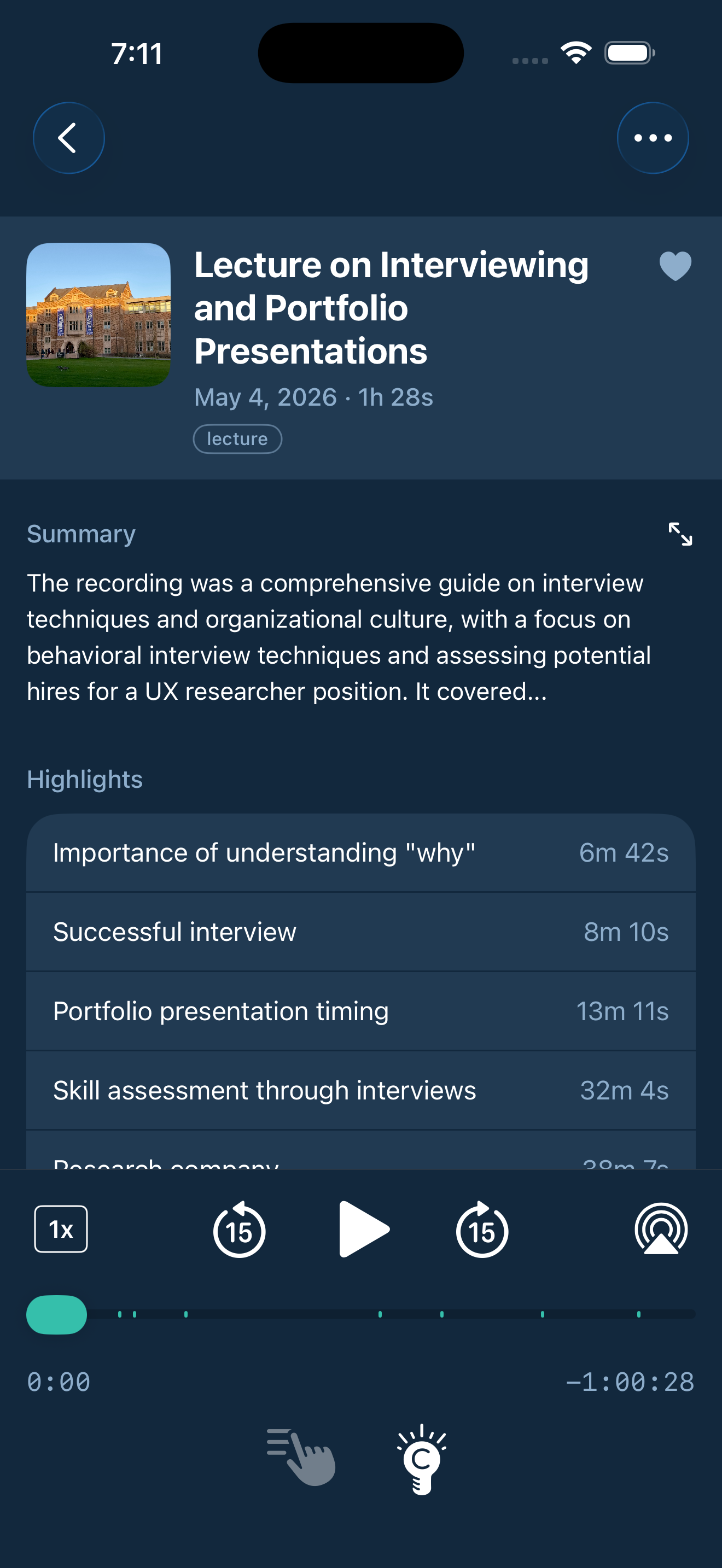 Highlight recording detail showing a summary and auto-named highlights