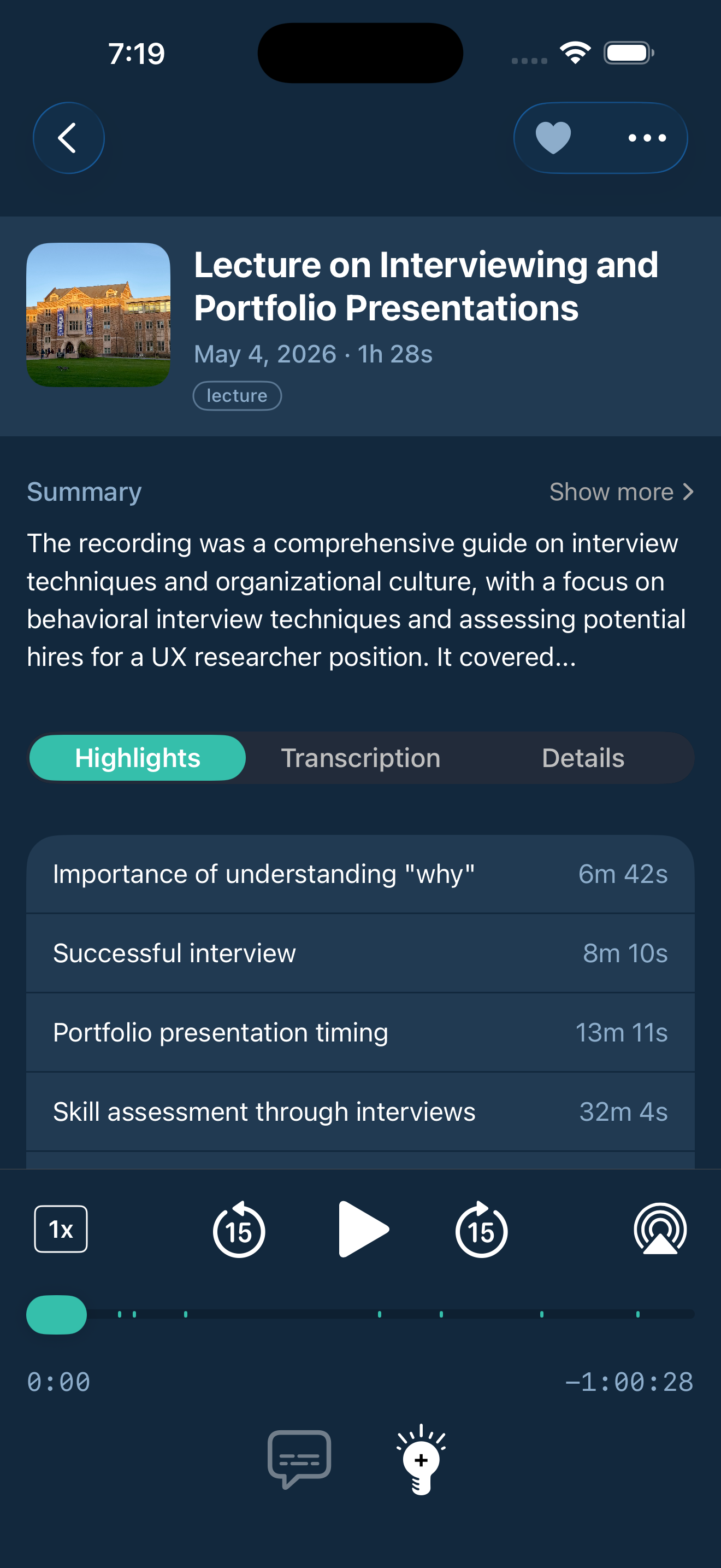 Highlight recording detail showing a summary and auto-named highlights