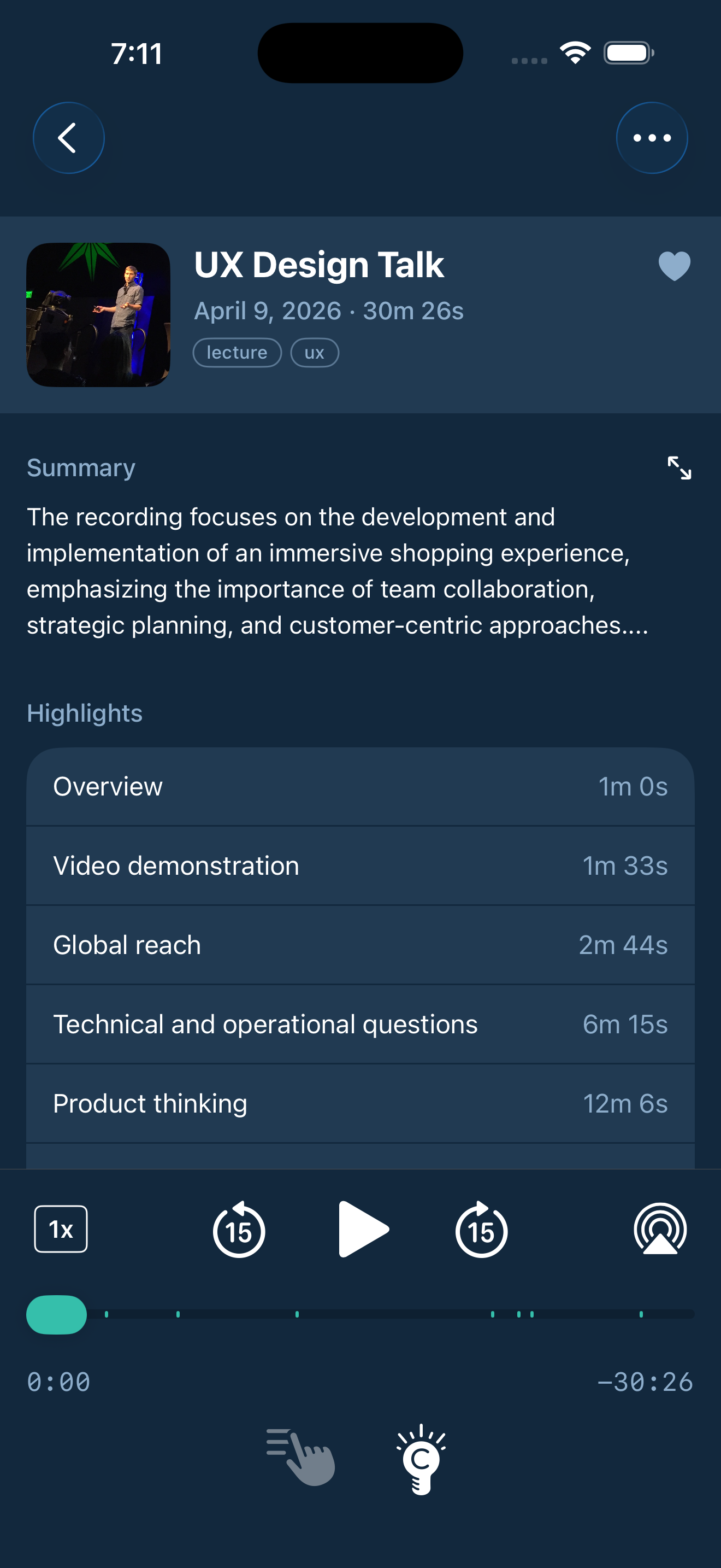 A processed recording with a summary and a list of named highlights to jump to