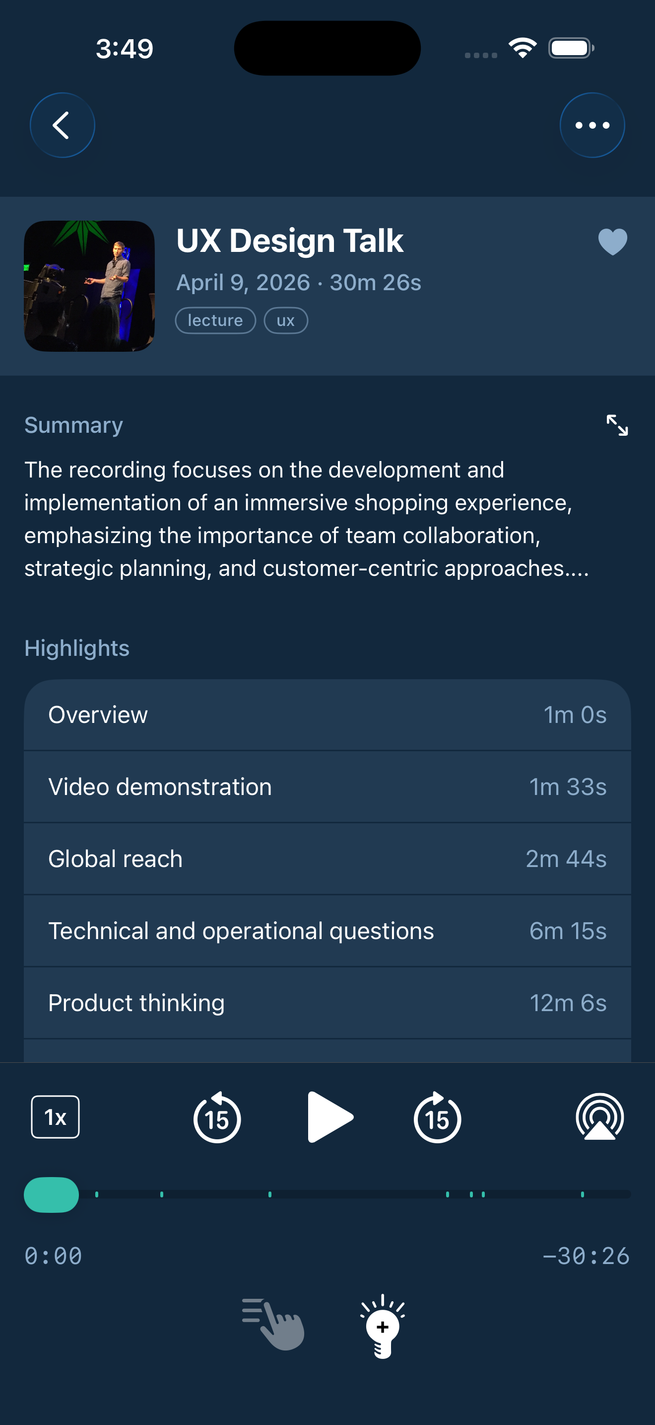A processed recording with a summary and a list of named highlights to jump to