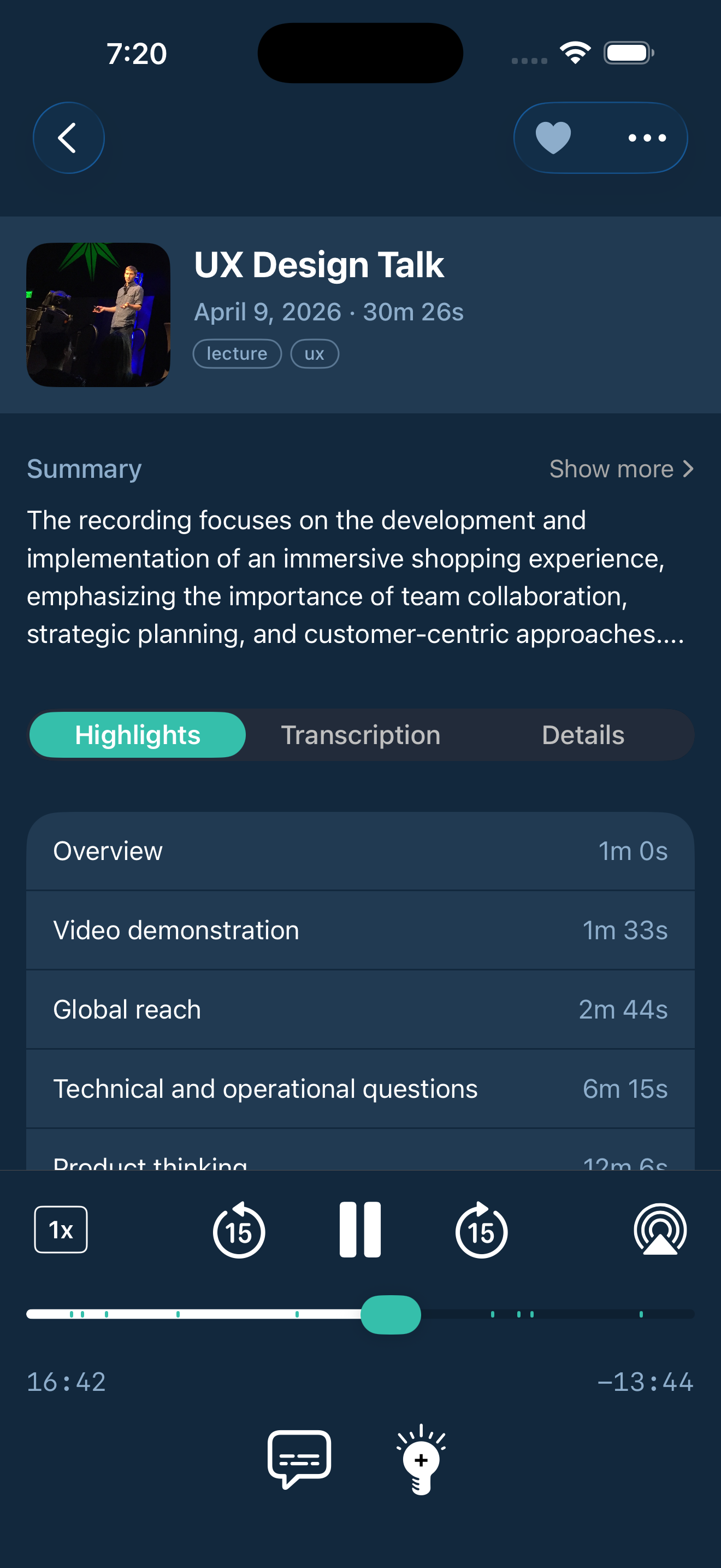 A processed recording with a summary and a list of named highlights to jump to