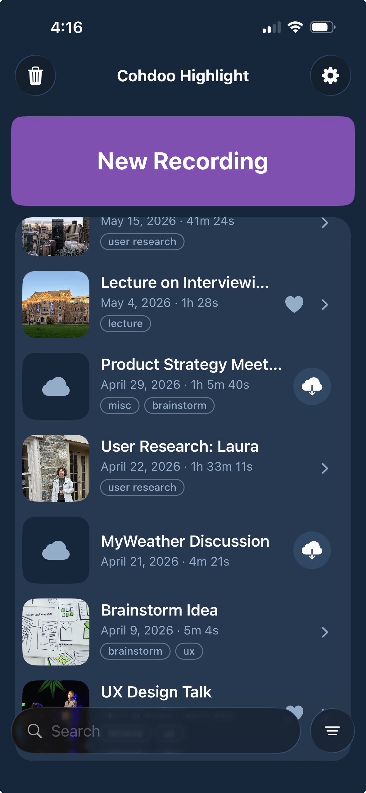 The Highlight library with recordings from another device shown as cloud rows, ready to download