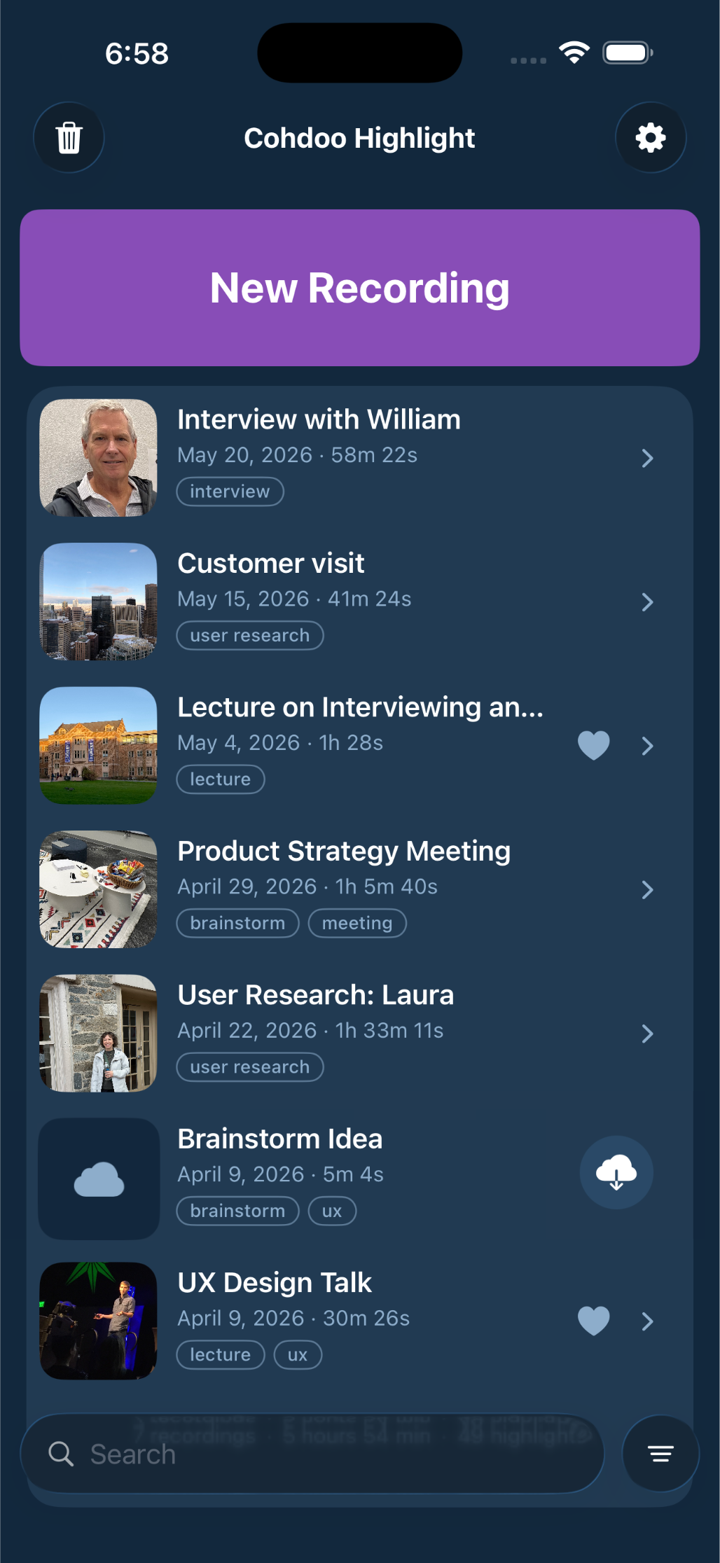 The Highlight library, with one recording waiting to download from iCloud