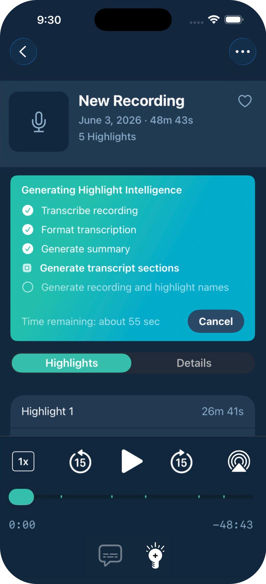 Highlight Intelligence generating a transcript, summary, and names on device