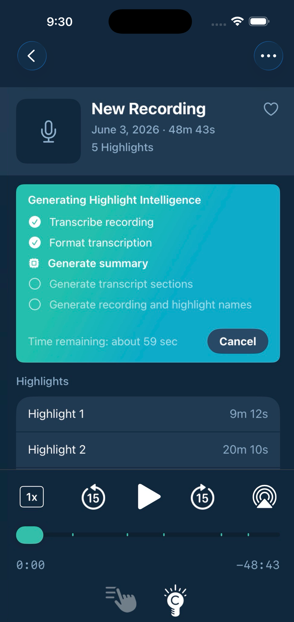 Highlight Intelligence processing a recording on device
