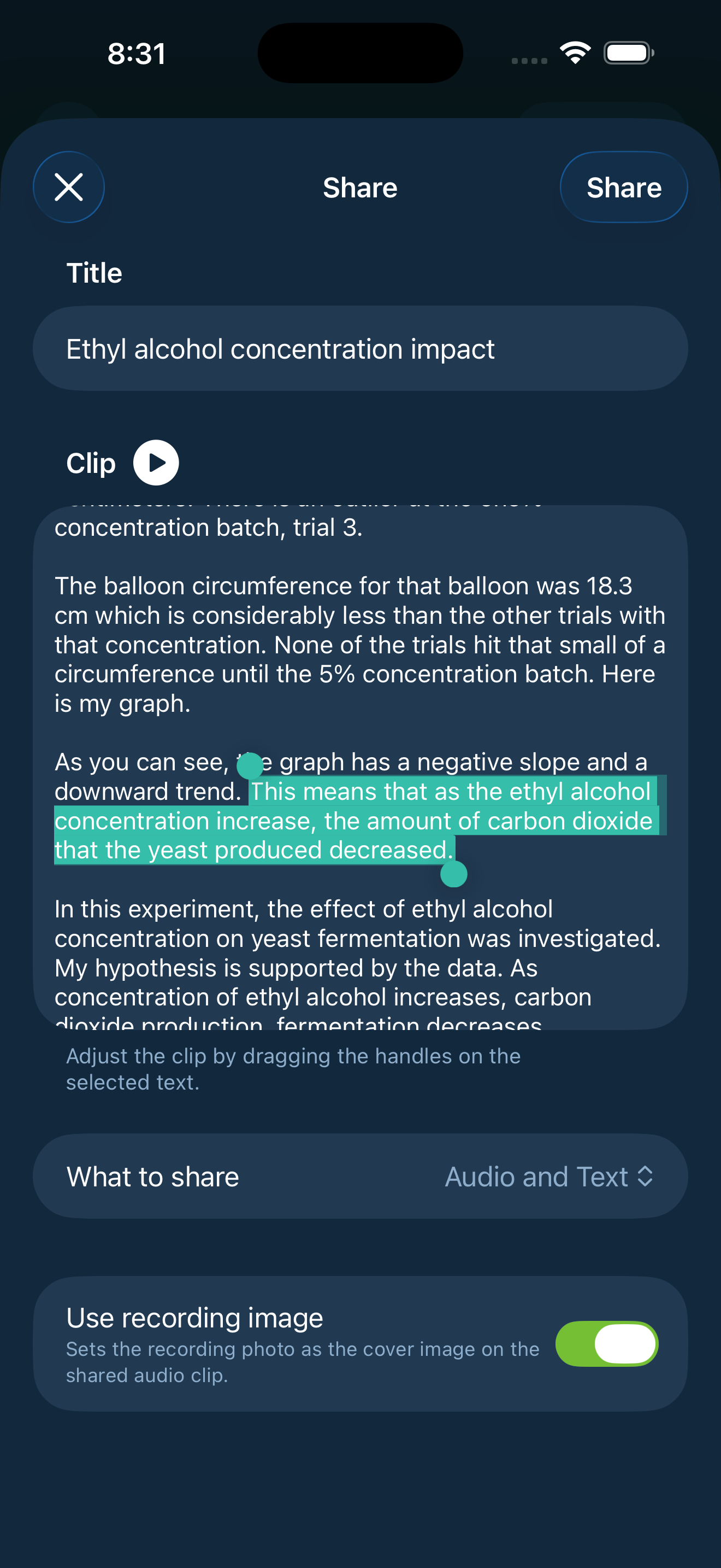 Shows creating and sharing an audio clip from a highlight